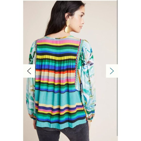 Bl^nk Elouera Peasant Blouse X-Small Oversuzed Stripe Embroidered Boho - Picture 2 of 12